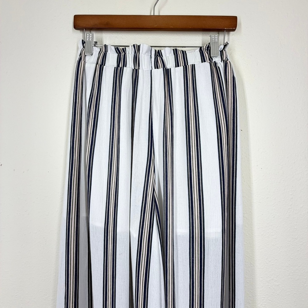 Simplee Women Wide Leg Palazzo Pants Size M Blue Striped High Rise Front Slit - Picture 6 of 13
